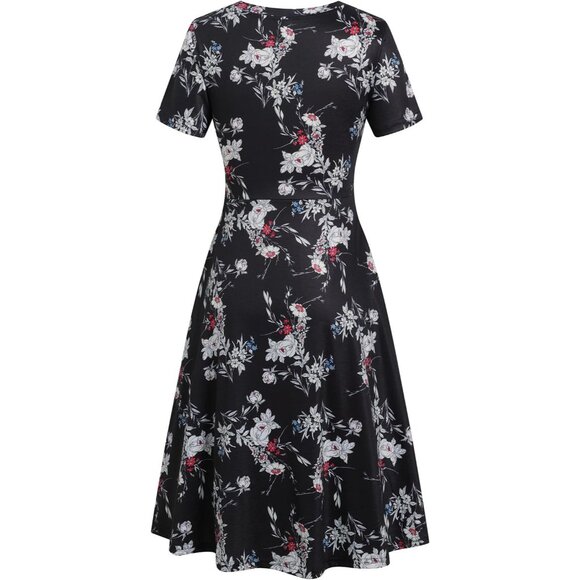 Women's Black White Elegant Knee Length Vintage A-Line Swing Dress with Pockets - Picture 4 of 5